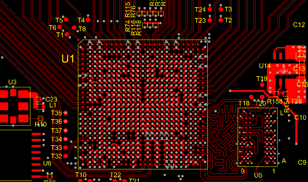 Detailed view of fine trace routing on an HDI PCB
