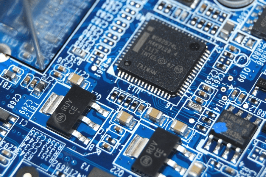 Circuit board with blue solder mask showing contrast with copper traces