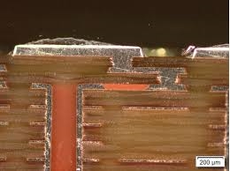 Microscope view of a microvia on an HDI PCB