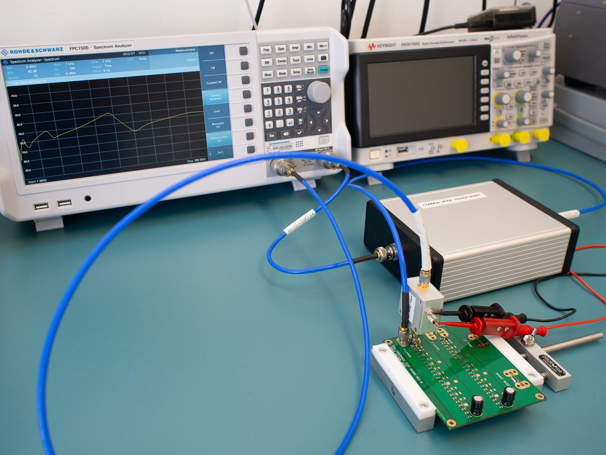 Network analyzer connected to an RF PCB for impedance measurement