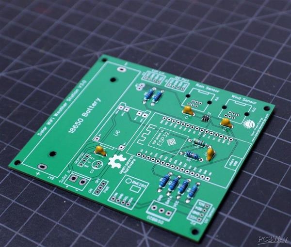 Close-up of a PCB with neatly arranged components for a weather station