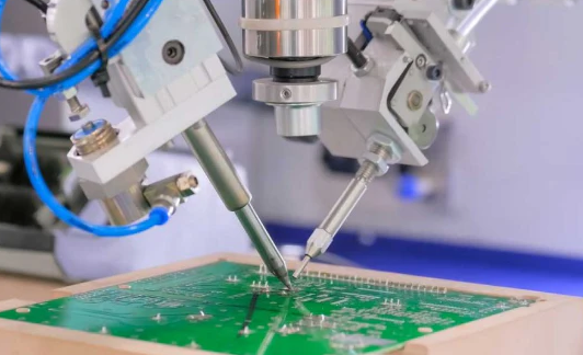 Close-up of a selective soldering nozzle applying solder to a PCB