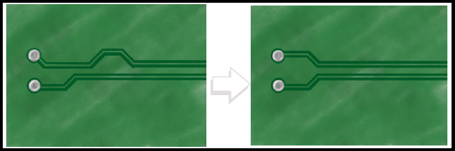Close-up of symmetric differential pair traces on a PCB