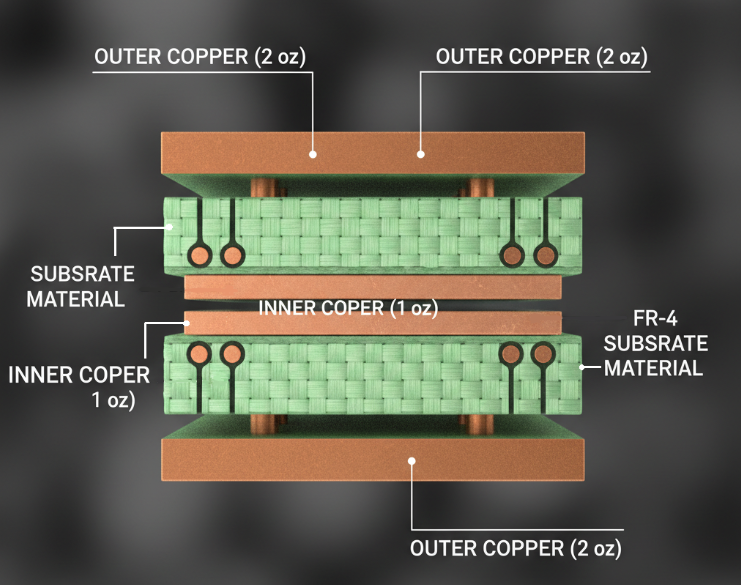 Cross section view of a 2oz copper PCB showing layer thickness