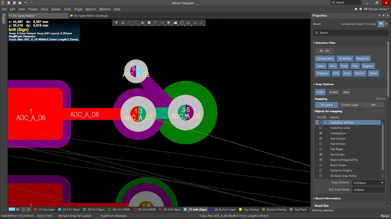Screenshot of PCB design software showing microvia placement