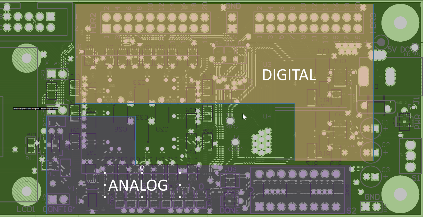 A PCB layout showing separated analog and digital sections
