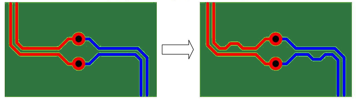 'PCB design highlighting differential pair traces with equal length