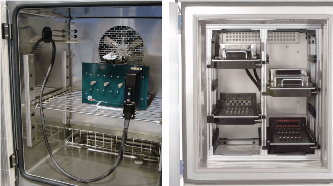 PCB samples undergoing corrosion testing in a controlled chamber