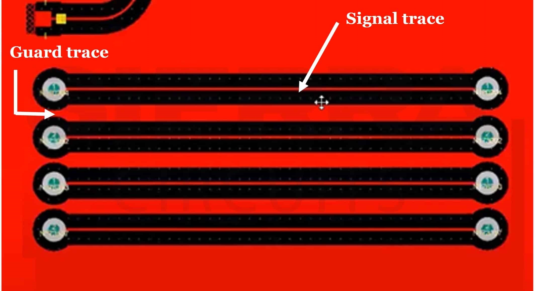 PCB layout showing smooth trace curves for high-frequency signals