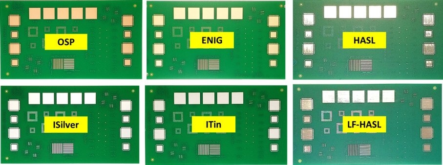 Side-by-side view of PCBs with different surface finishes