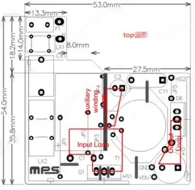 AC-DC PCB top view showing power current loops