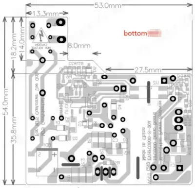 AC-DC PCB bottom view showing power current loops
