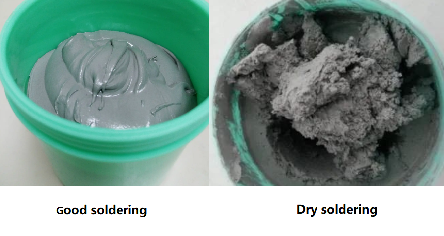 Crumbly texture of dried out solder paste compared to fresh