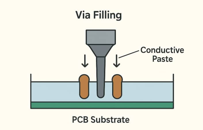 Step-by-step diagram of drilling, filling, plating, and lapping for via-in-pad