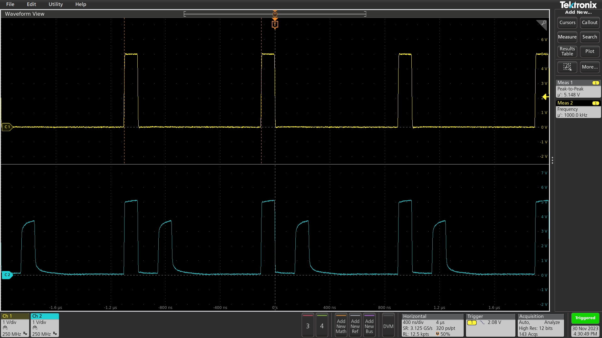 Oscilloscope capture showing signal overshoot due to reflections in PCB trace