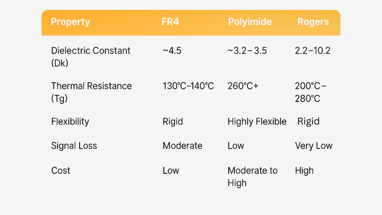  thermal and dielectric properties of FR4, polyimide, and Rogers materials.