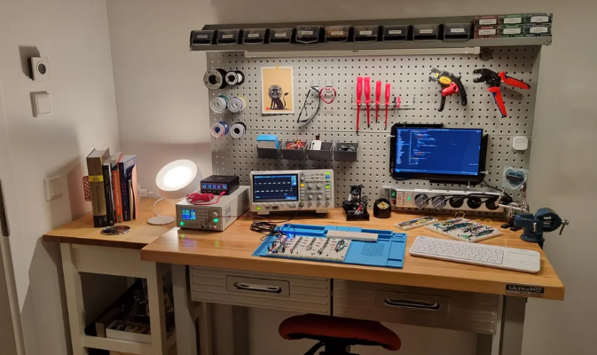 Hobbyist Workspace with PCBA Testing Tools