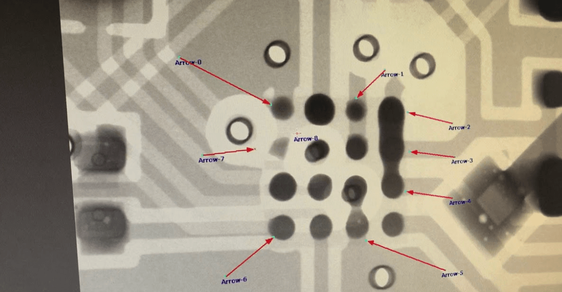 Automated x-ray inspection revealing internal solder ball structure on PCB