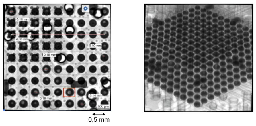 Side-by-side 2D fluoroscopy and 3D CT slices of a BGA solder joint