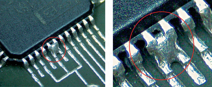 Close-up of bridging and insufficient paste on PCB pads