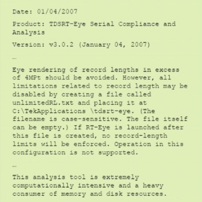 Manufacturer internal note on eye diagram processing limits