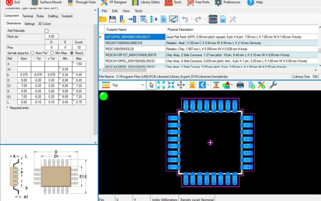 Example table showing fields like part number, footprint, and datasheet in a PCB library database