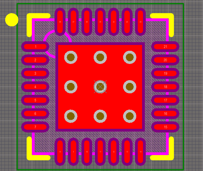 Footprint view showing thermal pad with embedded vias