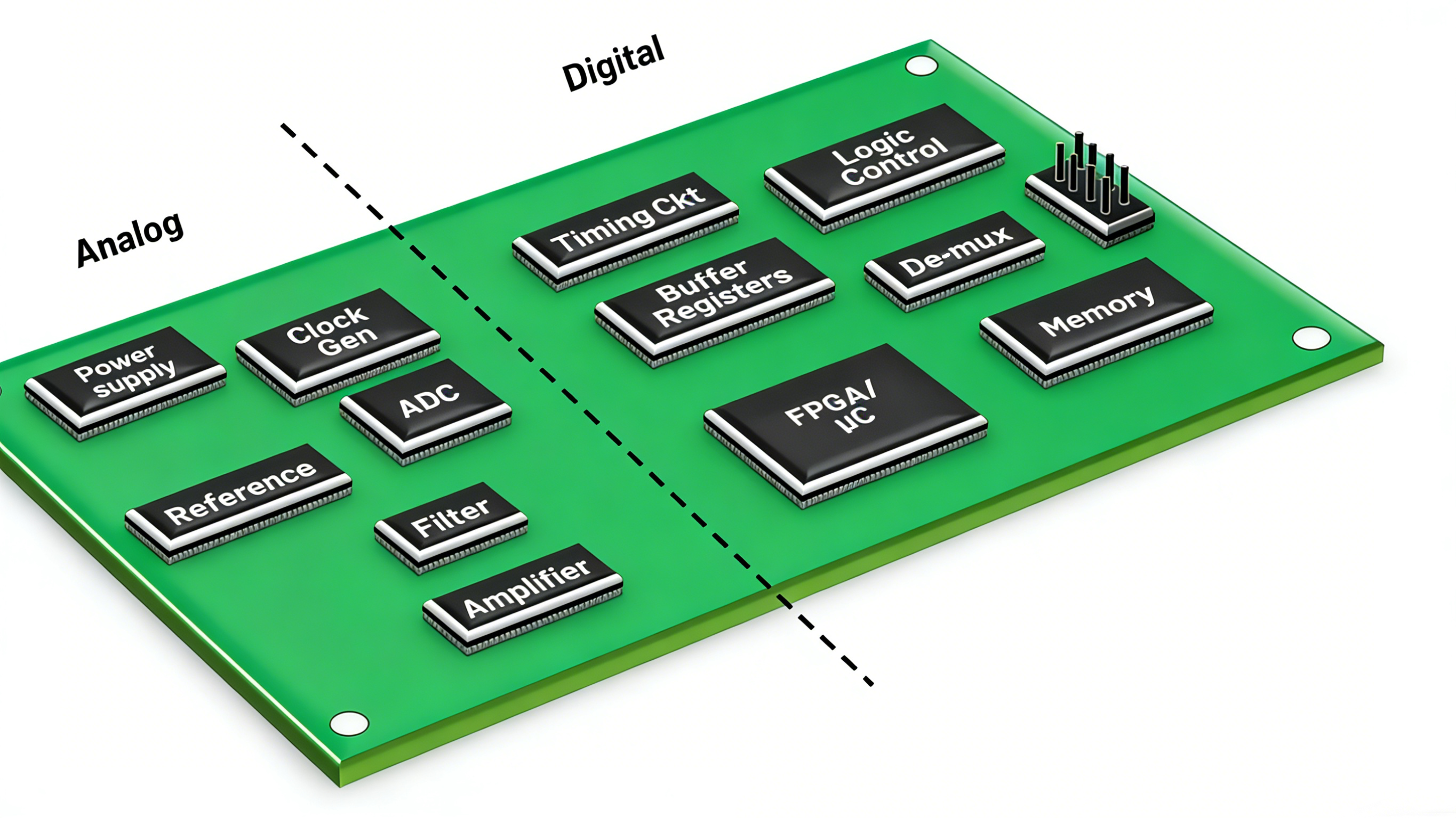 Strategic PCB component placement grid separating analog and digital zones