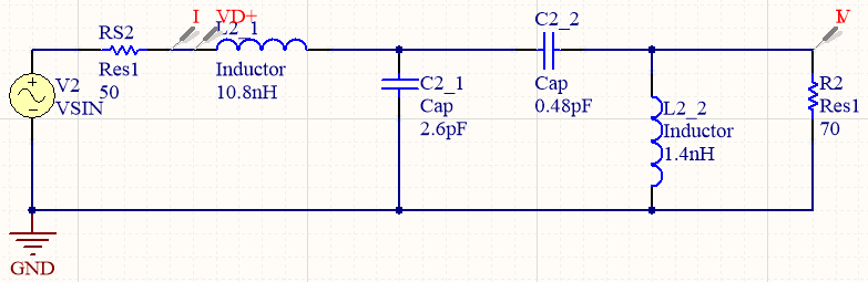 Schematic and PCB layout of pi-network for antenna impedance matching