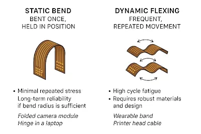 Illustration comparing static single-bend and dynamic repeated-flexing in flexible PCBs