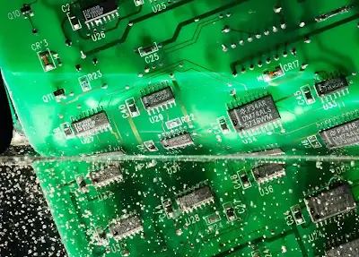 PCB with epoxy conformal coating exposed to harsh chemicals