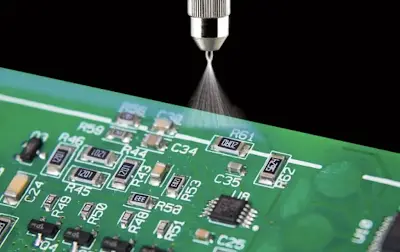 Spraying water-based acrylic coating on a PCB assembly