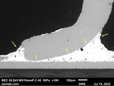 SEM image contrasting intermetallic layers in leaded and lead-free solder joints
