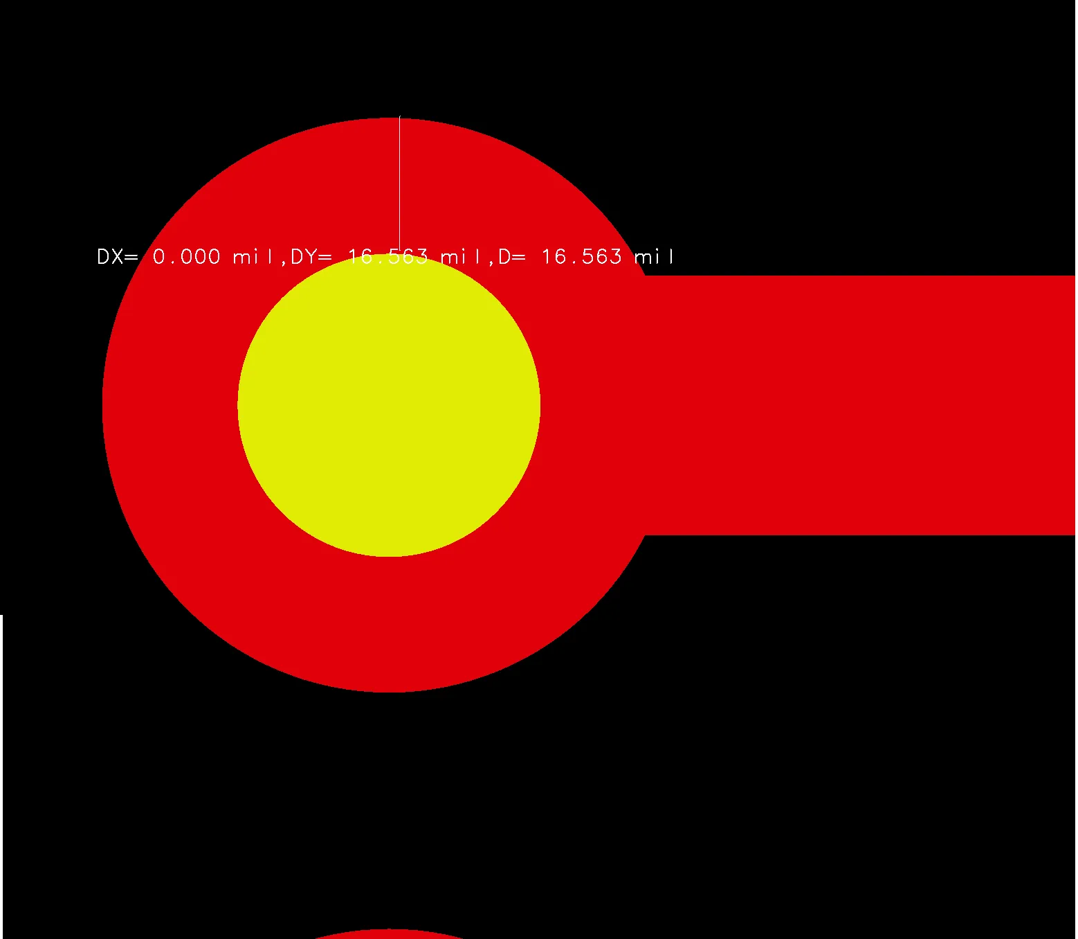 Gerber drill view showing via and pad with annular ring measurement markers indicating borderline minimum clearance violation
