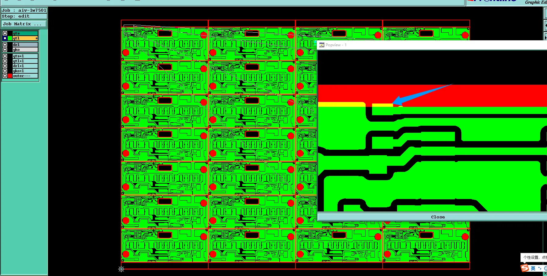 Gerber panel view showing insufficient edge clearance leading to exposed copper near board outline with oxidation and shorting risk highlights