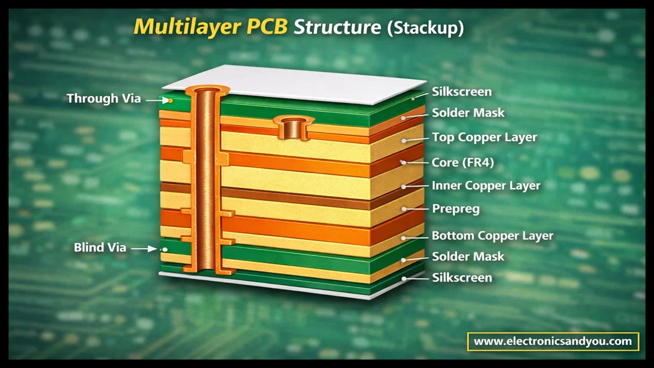 Cross-section diagram showing multilayer FR4 PCB stackup with copper layers and prepregs