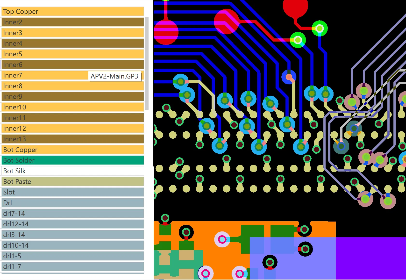 Gerber viewer screenshot with overlaid copper layers demonstrating annular ring clearance and layer-to-layer registration check for HDI PCB