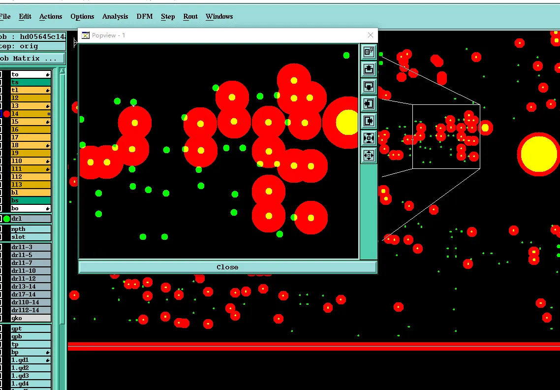 Screenshot of Gerber viewer showing drill file with laser-drilled microvia locations and attributes in multilayer HDI PCB
