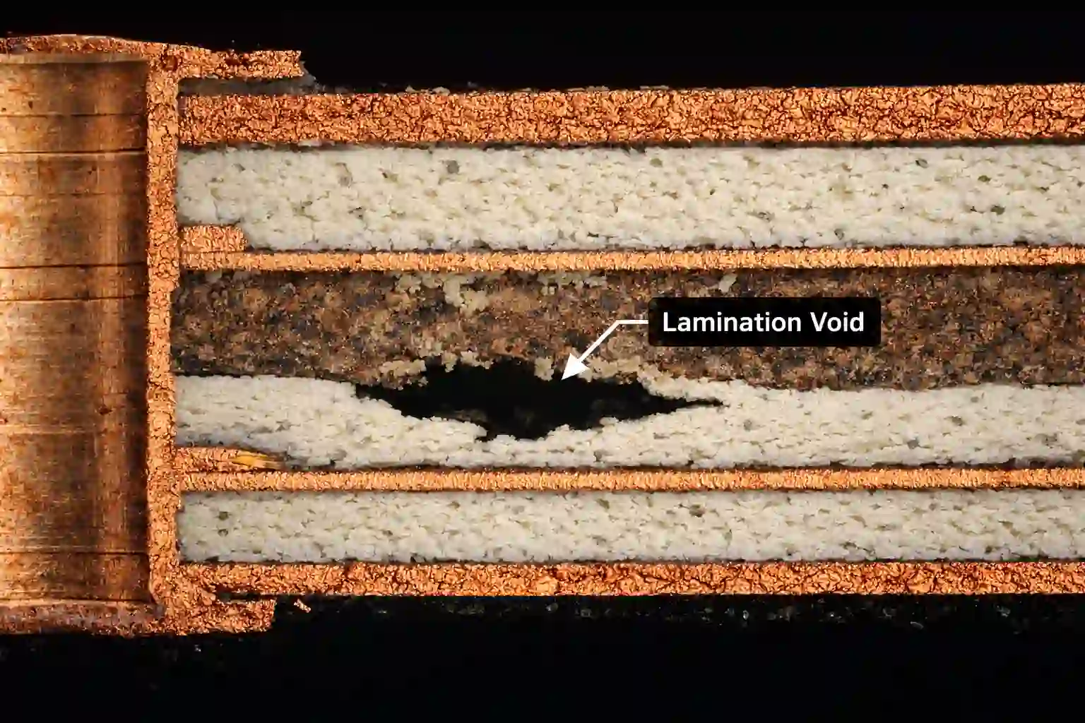 Cross-section CAM simulation showing resin starvation, copper-dielectric separation and void formation risk in heavy copper PCB lamination process
