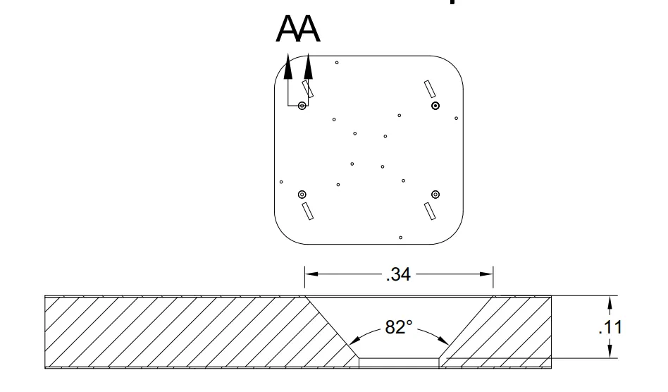 Specified 8.63mm diameter countersunk holes at an 82° angle