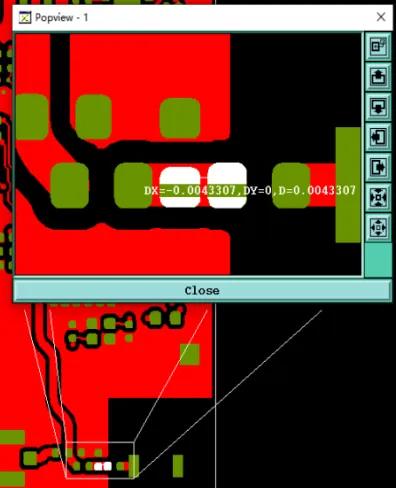 Pad-to-pad spacing is too narrow to reliably form a solder mask bridge.