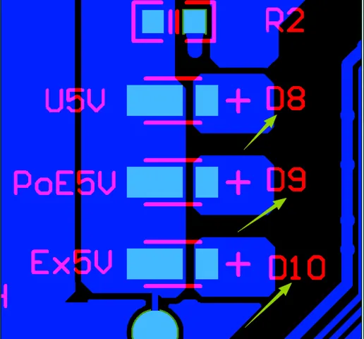 Pads for MBRS240LT3G diodes (D8, D9, D10)