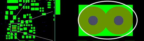 Multiple vias on the BOT side showed independent openings on both sides with no solderable finish.
