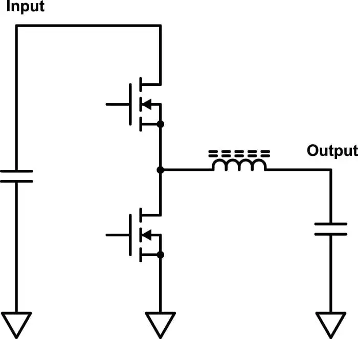 Simplified schematic of a synchronous buck converter.