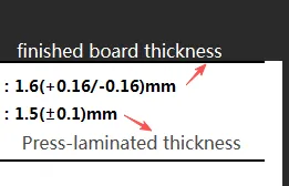 The finished board thickness (1.6mm) vs laminated thickness