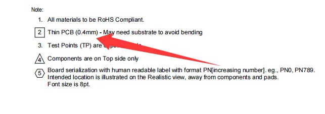 PDF contained board thickness notes that conflicted with the specified 0.4mm finished thickness