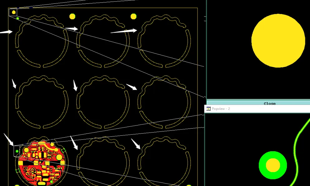A large pad with solder mask opening in the upper left corner