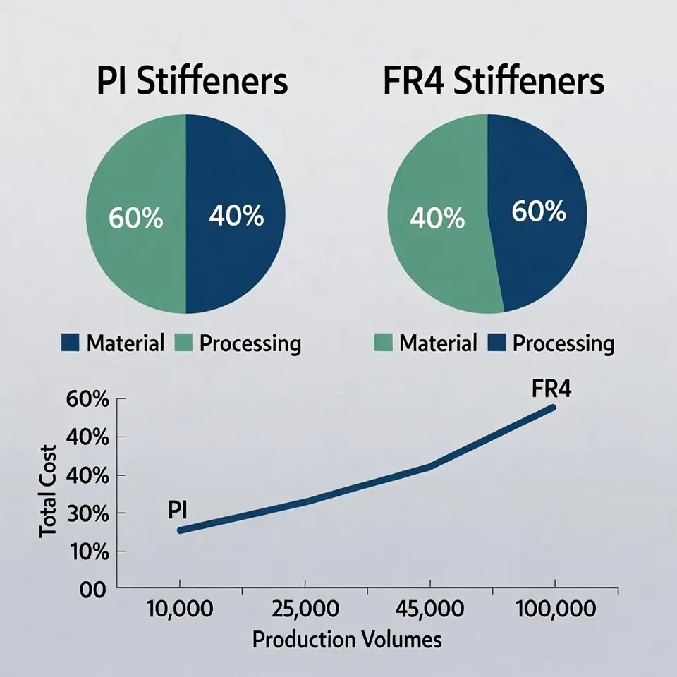 Recommended Figure: Cost breakdown pie charts or line graph showing material + processing costs for PI vs FR4 stiffeners across production volumes.