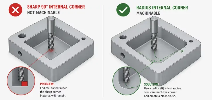 Side-by-side comparison of good versus poor design features under CNC machining design guidelines: proper internal radii and wall thickness versus sharp corners and thin walls that cause tool deflection and chatter.