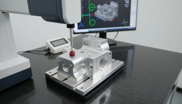 CMM probe measuring a critical hole position on a CNC machined aluminum bracket with tolerance callouts displayed on the report screen.